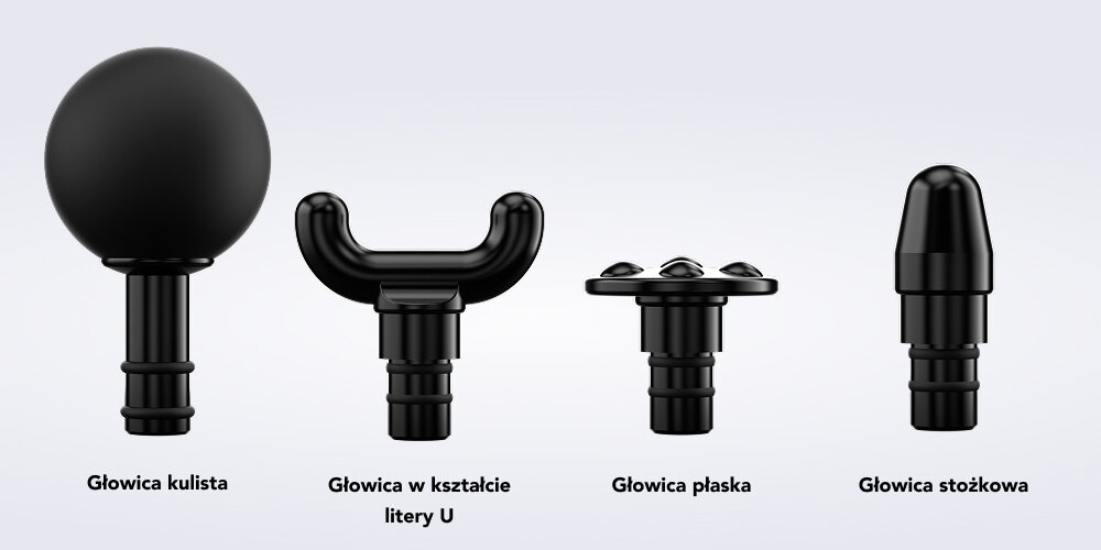 Masażer ręczny Gun SKG F1 Pro Cztery wymienne głowice cztery wymienne głowice z ulepszonego silikonu Głowica kulista Głowica w kształcie litery U głowica płaska głowica stożkowa 