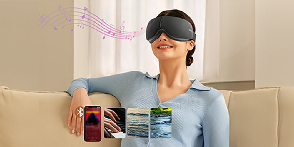 Masażer do oczu SKG ES500 Szary Relaks z Twoją ulubioną muzyką wbudowana łączność bluetooth  zaprogramowane dźwięki mindfulness relaks melodia atmosfera