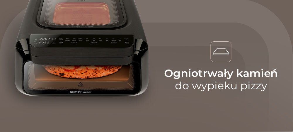 Piec do pizzy G3FERRARI Krispy G10225 średnica 32 cm z frytkownicą i grillem wyjmowany ogniotrwały kamień, absorbuje i magazynuje ciepło, równomiernie je uwalnia, odpowiednio pieczona pizza