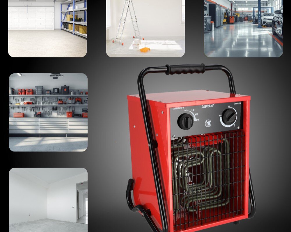 Nagrzewnica elektryczna DEDRA DED9922, 50, ogrzewanie, ciepło, nawiew, Dedra DED9922 na czarnym tle z ikonami zastosowań – warsztat, remont, magazyn, hala, pomieszczenie.