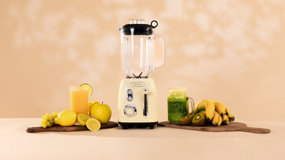 Blender kielichowy CECOTEC Power Black Titanium Retro Żółty klimat retro styl vintage eleganckie detale żółte wykończenie dekoracja atmosfera