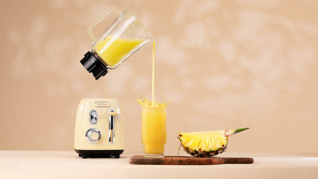 Blender kielichowy CECOTEC Power Black Titanium Retro Żółty kontrola konsystencji Dwa poziomy prędkości i funkcja Pulse dostosowanie działanie sładniki potrzeba wygoda komfort swoboda