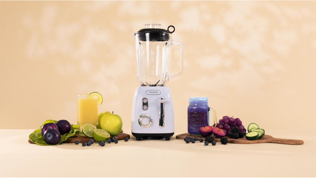 Blender kielichowy CECOTEC Power Black Titanium RetroBlue klimat retro styl vintage eleganckie detale żółte wykończenie dekoracja atmosfera