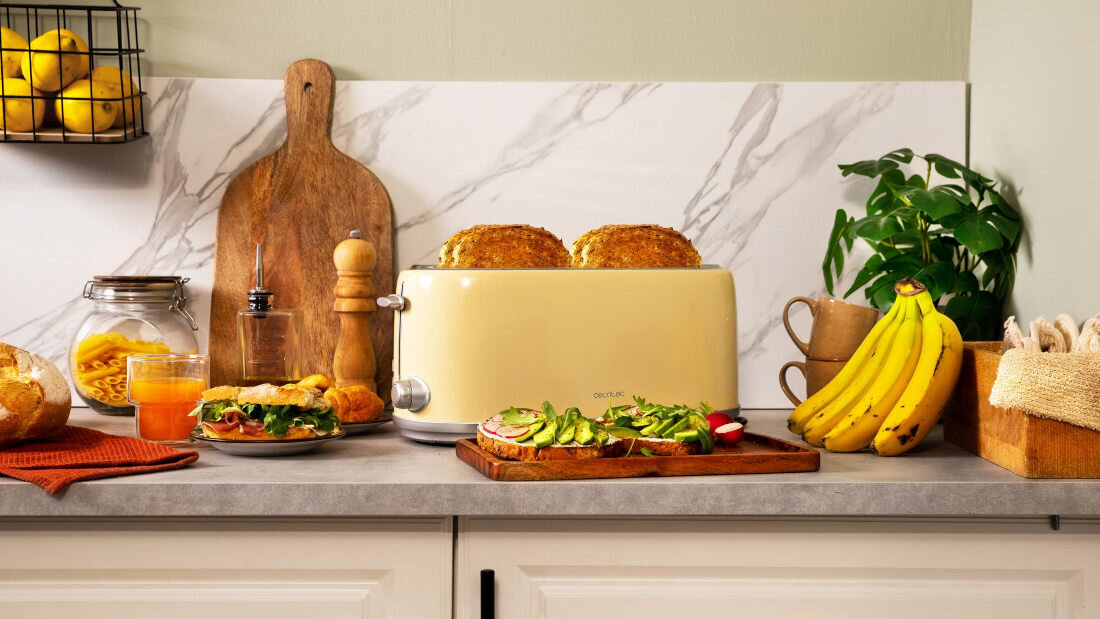 Toster CECOTEC Toast&Taste 1600 Retro Double Beżowy Styl w Twojej kuchni  Obudowa ze stali nierdzewnej w eleganckim odcieniu beige łączy funkcję praktyczną z estetyką