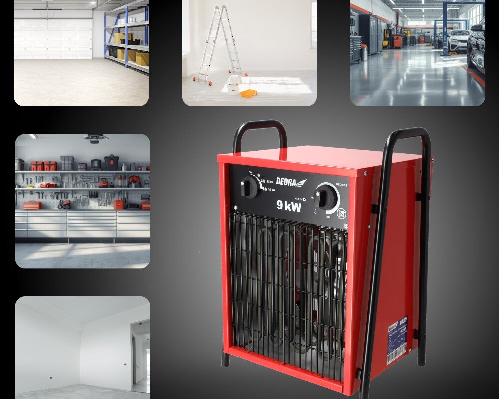 Nagrzewnica elektryczna DEDRA DED9924, ciepło, nawiew, moc, szybkie, Dedra DED9924 na czarnym tle, grafika z ikonami – warsztat, remont, magazyn, hala, pomieszczenie.