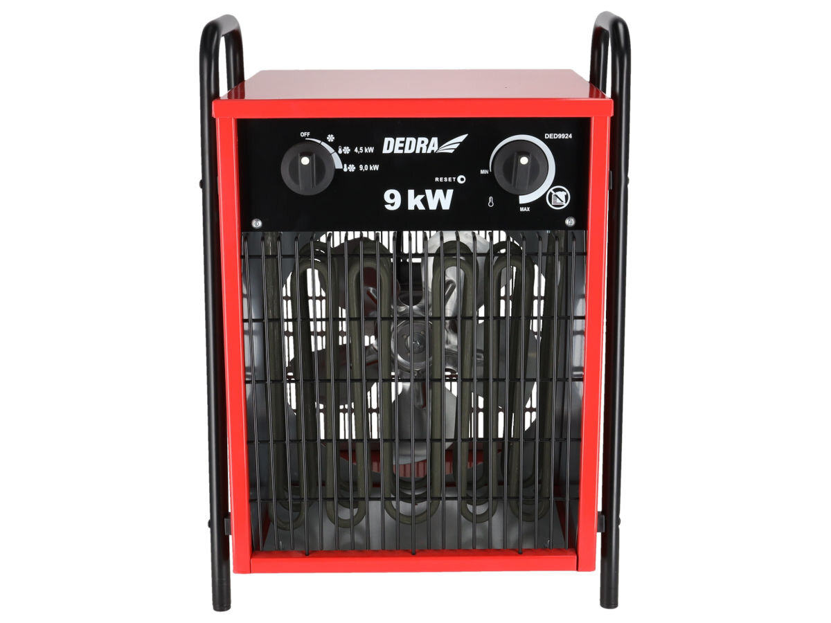 Nagrzewnica elektryczna DEDRA DED9924, moc, 9000W, przepływ, metal, Dedra DED9924 z frontu – widoczne metalowe grzałki, duży wentylator, uchwyty po bokach.