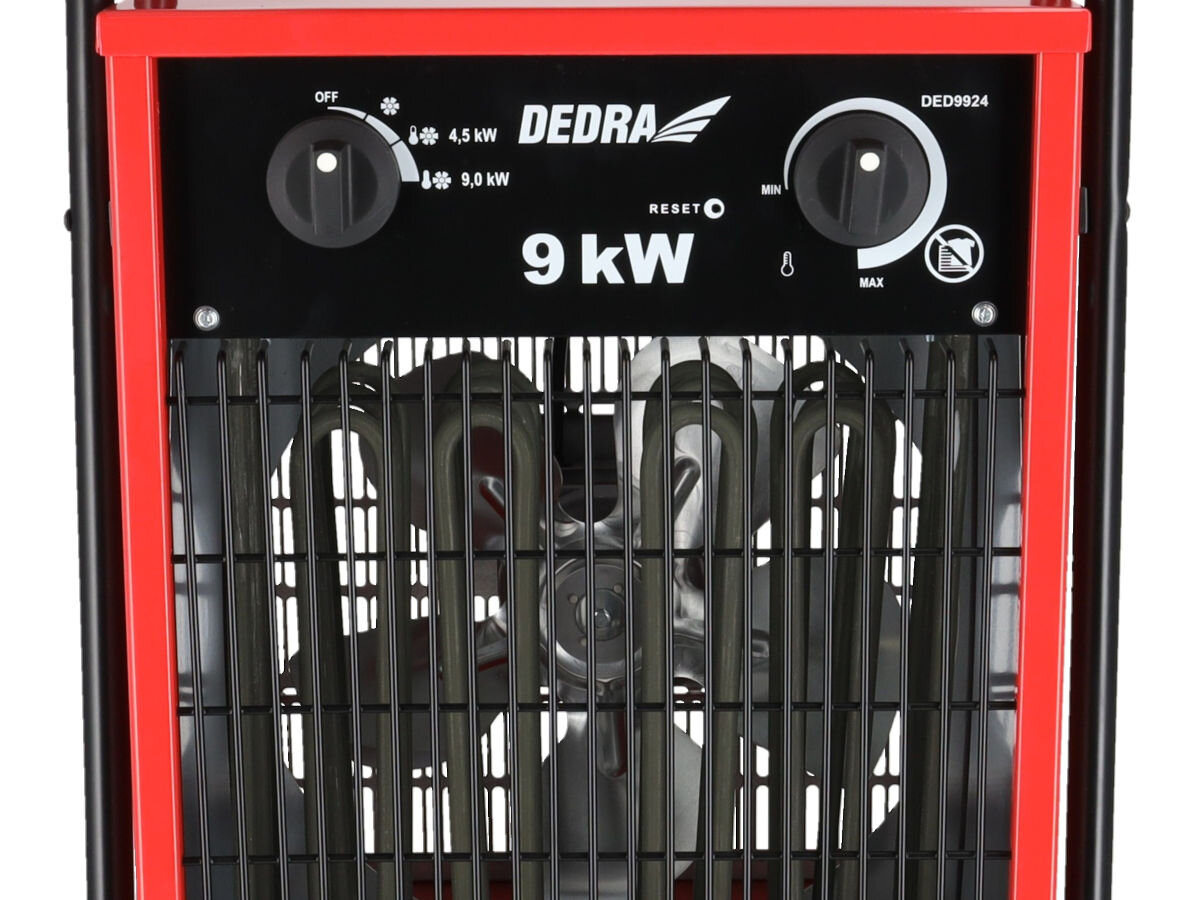 Nagrzewnica elektryczna DEDRA DED9924, trzy, tryby, wentylacja, elastyczność, Panel sterowania DEDRA DED9924 – dwa pokrętła, podziałka mocy, duża kratka, 9 kW.