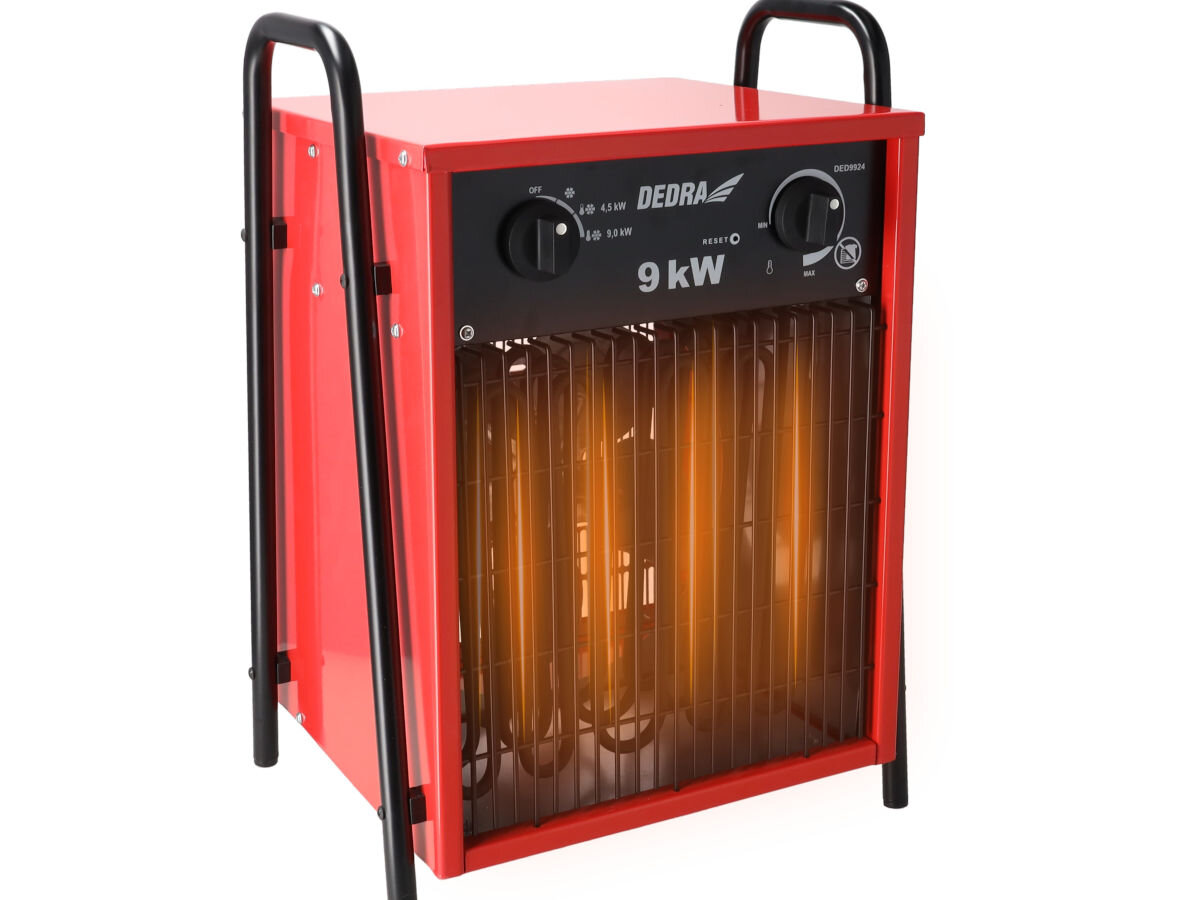 Nagrzewnica elektryczna DEDRA DED9924, brak, brudu, zapachów, wentylator, Włączona nagrzewnica DEDRA DED9924 – wyraźny żar elementów grzewczych i kratka ochronna.