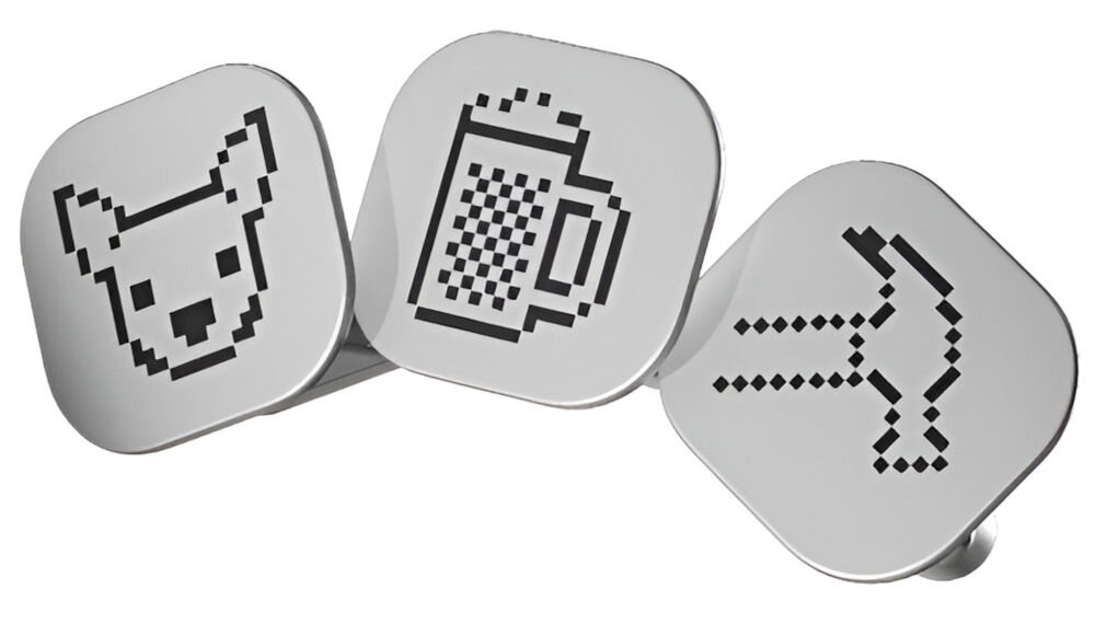 Odznaki LEDGER Nano Gen5 Pakiet Odznak 1 Render trzech małych, kwadratowych żetonów lub przycisków Ledger Nano, ułożonych w rzędzie, na białym, izolowanym tle. Na żetonach widnieją czarne, pikselowe ikony: z lewej strony głowa psa (chihuahua/doge), pośrodku kufel piwa, a z prawej kilof górniczy (symbol kopania kryptowalut).