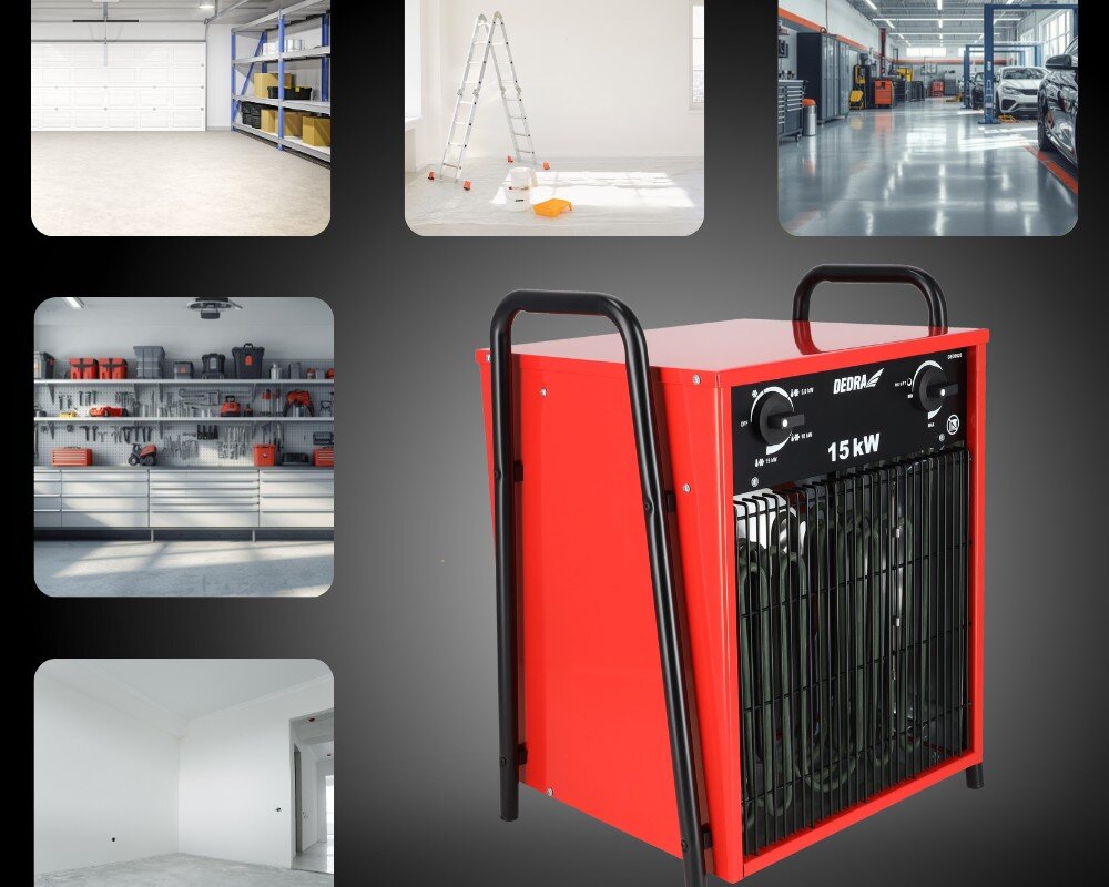 Nagrzewnica elektryczna DEDRA DED9925, ogrzewanie, 150, szybkie, nawiew, Dedra DED9925 na grafice, wizualizacja zastosowań – hale, magazyny, remonty, warsztaty, pomieszczenia.