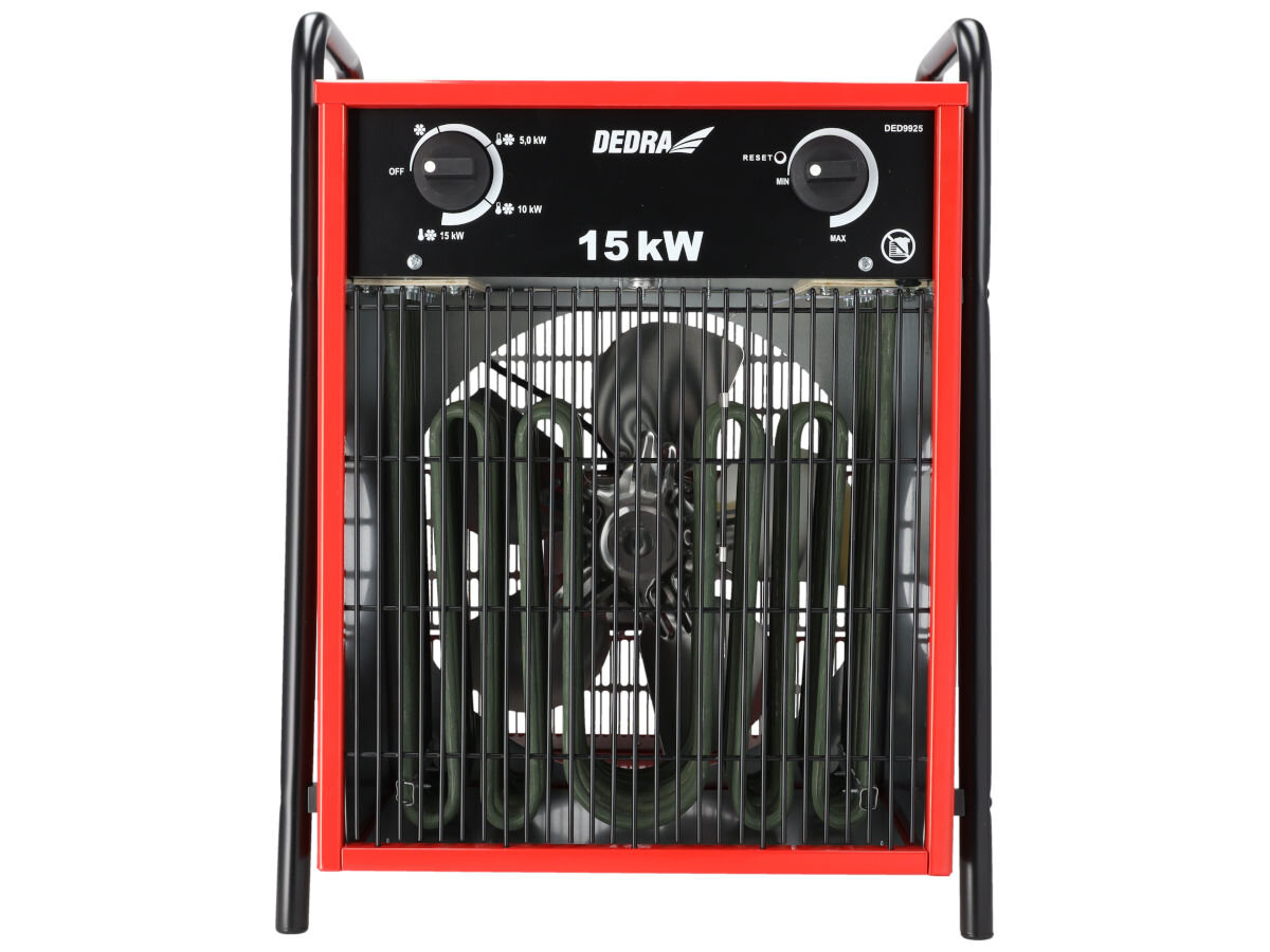 Nagrzewnica elektryczna DEDRA DED9925, 150m², 15kW, czystość, regulacja, Widok frontu nagrzewnicy Dedra DED9925 15 kW, pokrętła mocy, kratka ochronna i grzałki.