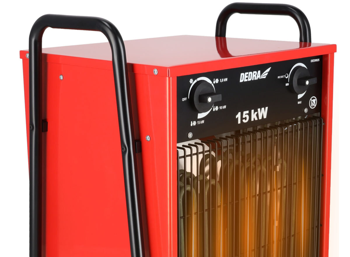 Nagrzewnica elektryczna DEDRA DED9925, przegrzanie, metal, trwałość, ciągłość, Nagrzewnica DED9925 z boku, włączone grzałki emitują światło, solidne uchwyty transportowe.