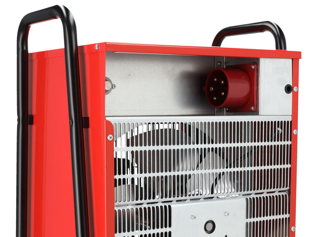 Nagrzewnica elektryczna DEDRA DED9925, osiowy, 1290m³/h, równomierność, oszczędność, Tylny panel nagrzewnicy Dedra DED9925 z dużym czerwonym złączem trójfazowym 400 V, metalowa obudowa.