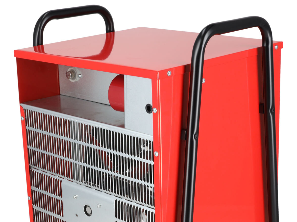 Nagrzewnica elektryczna DEDRA DED9925, uchwyt, mobilność, 6.2kg, przestawianie, Górny i tylny róg DED9925, czarne uchwyty, metalowa tylnia kratka, industrialna stylistyka.