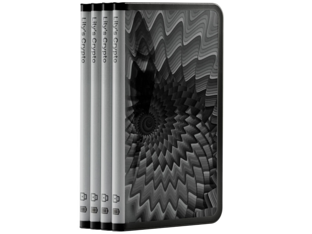Portfel kryptowalut LEDGER Stax Crypto Hardware Wallet + Klucz Zbiorcze ujęcie kilku portfeli sprzętowych Ledger Stax ułożonych pionowo jak grzbiety książek. Na grzbietach widnieje napis Lily's Crypto i mała ikonka baterii. Na boku urządzenia widoczna jest hipnotyczna, czarno-biała grafika z wzorem koncentrycznych fal, demonstrująca funkcję spersonalizowanego ekranu blokady E Ink.