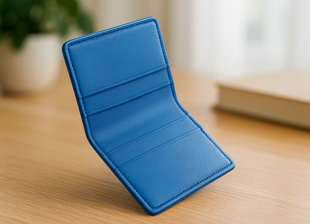 Otwarty niebieski portfel Tangem stoi na drewnianym biurku, prezentując smukłą konstrukcję do pracy biurowej i mobilnej.  