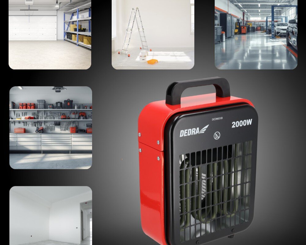 Nagrzewnica elektryczna DEDRA DED9920B, wydajne, ogrzewanie, 20, nawiew, Dedra DED9920B na grafice, wizualizacja zastosowań: garaż, remont, serwis, warsztat, wnętrze.