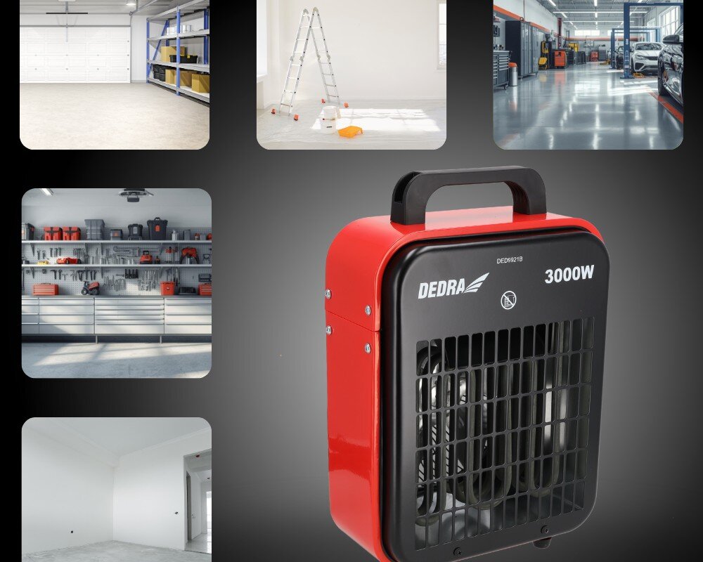 Nagrzewnica elektryczna DEDRA DED9921B, ciepło, ogrzewanie, remont, nawiew, Widok promocyjny – dedra DED9921B na tle grafiki z różnymi pomieszczeniami użytkowymi.