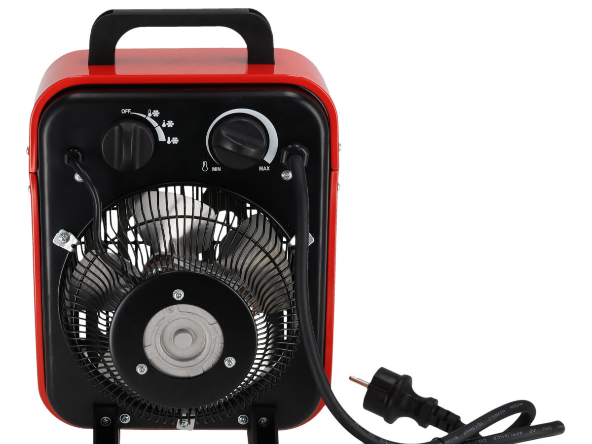 Nagrzewnica elektryczna DEDRA DED9921B, wentylator, niska temperatura, cicho, czystość, Tylny widok nagrzewnicy DED9921B, duży wentylator, dwa pokrętła, czarny przewód z wtyczką.