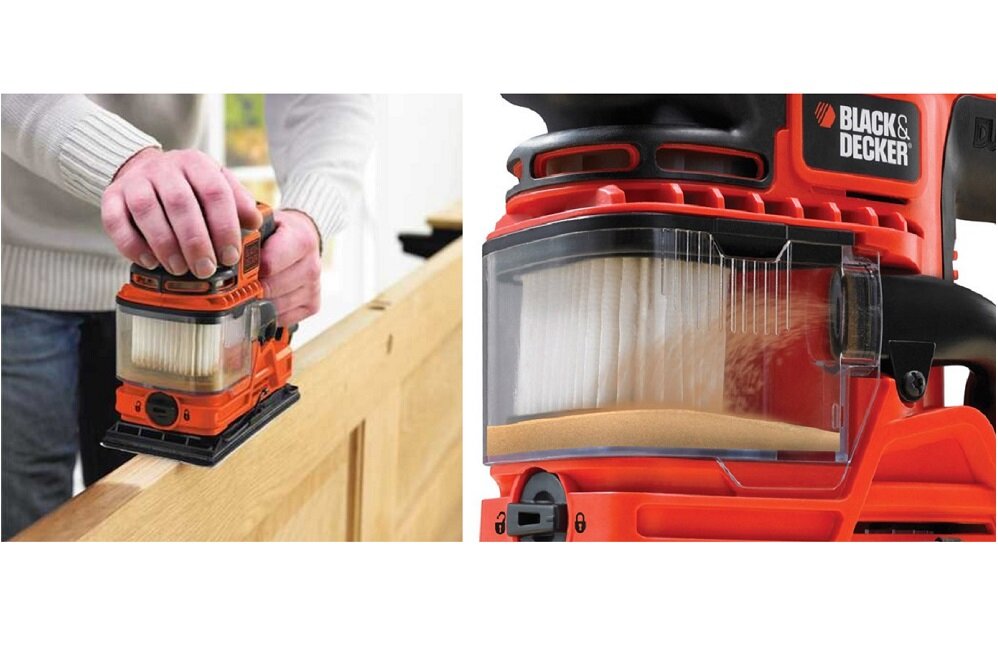 Szlifierka oscylacyjna BLACK DECKER KA330EKA QS Duosand Czysta i przyjemna praca system zasysania dla wyjątkowo efektywnego zbierania urobku