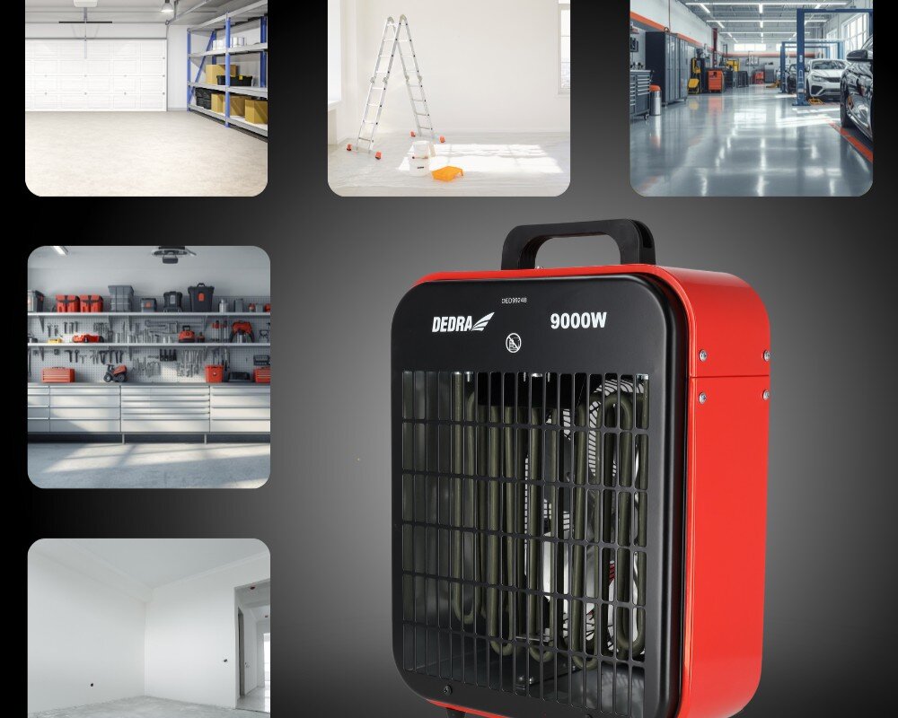 Nagrzewnica elektryczna DEDRA DED9924B, 90, nawiew, ogrzewanie, szybko, Nagrzewnica DED9924B na kolażu – zastosowania w garażu, warsztacie, remoncie, magazynie.