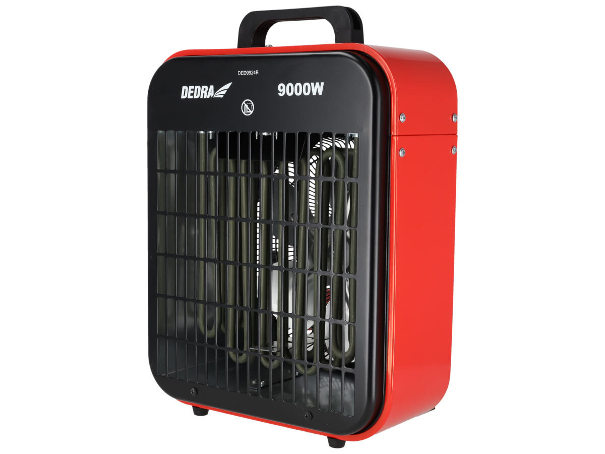 Nagrzewnica elektryczna DEDRA DED9924B, 9000W, 400V, 90m², stabilność, Przód nagrzewnicy Dedra DED9924B – czarna metalowa kratka, widoczne spirale grzewcze.