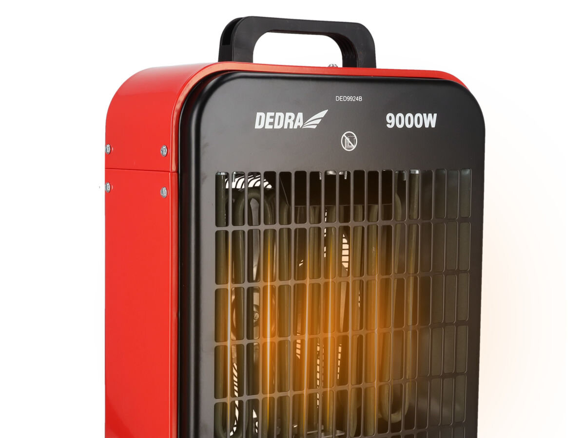 Nagrzewnica elektryczna DEDRA DED9924B, wentylator, 790m³/h, bezzapach, równomierność, Zbliżenie na przód pracującej nagrzewnicy DED9924B 9000W, grzałki świecą, metalowa obudowa.
