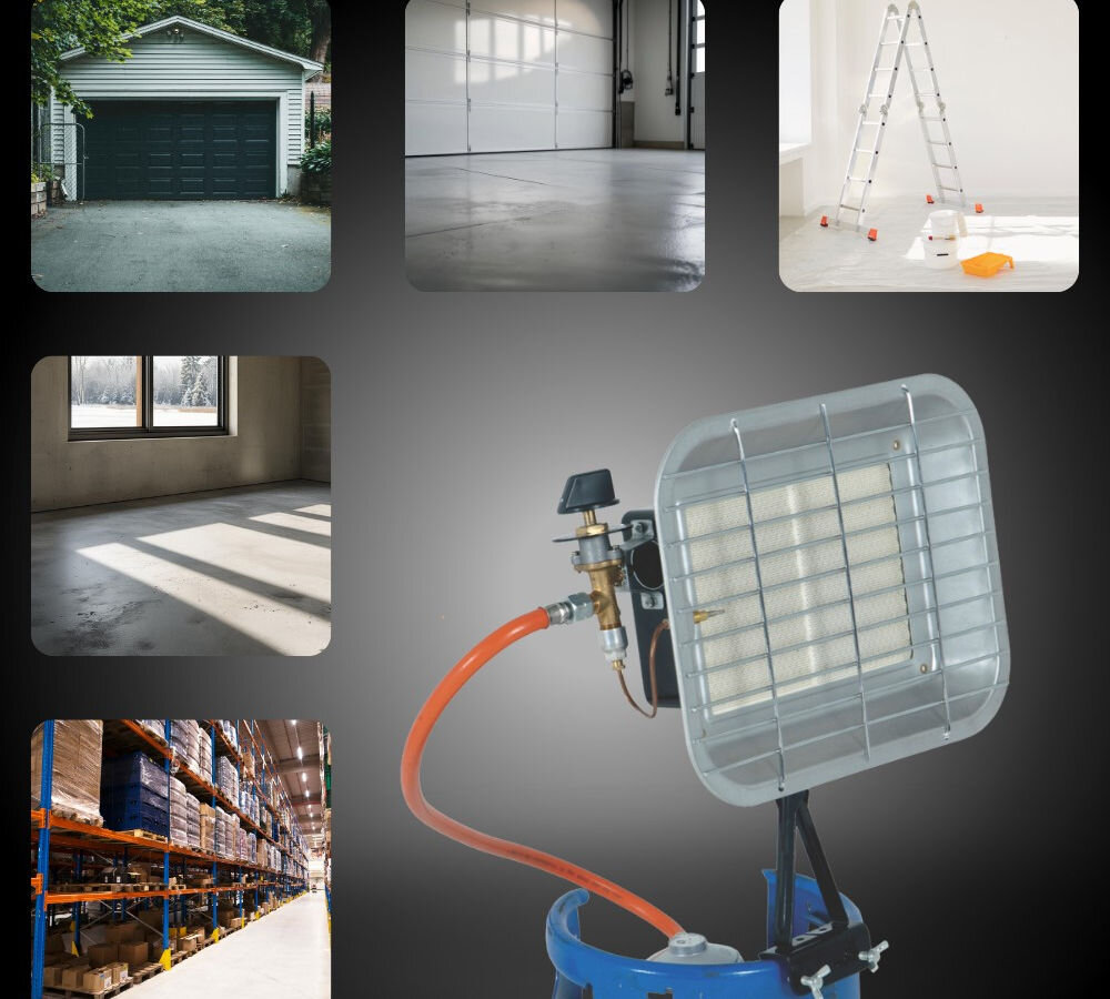 Promiennik DEDRA DED9970, promieniowanie, ciepło, kierunkowe, ogrzewanie, Promiennik DED9970 na grafice zastosowań – garaż, magazyn, plac budowy, remont, otwarte wnętrze.