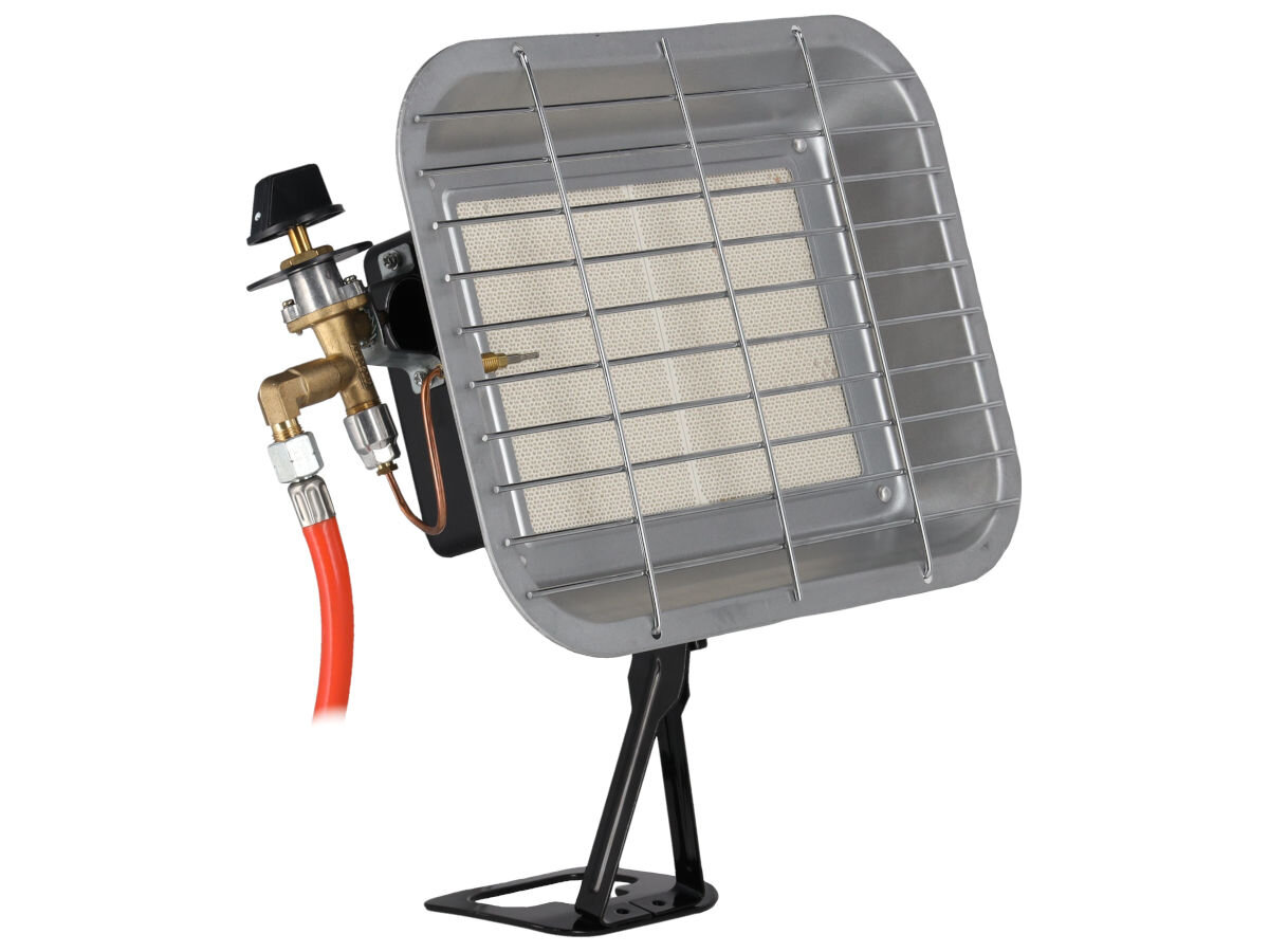 Promiennik DEDRA DED9970, podczerwień, natychmiastowo, wybrane, strefy, Promiennik DED9970 z boku, na podstawce, podłączony przewód przygotowany do użytkowania.