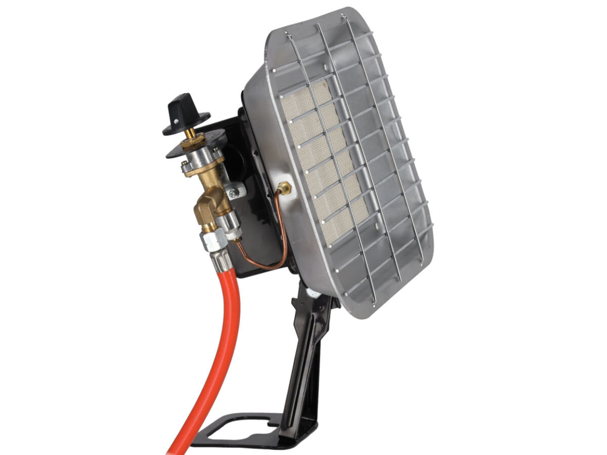 Promiennik DEDRA DED9970, pokrętło, trzytryby, ekonomia, G30, Promiennik DED9970 z boku, przewód gazowy, palnik i podstawa, gotowy do montażu.