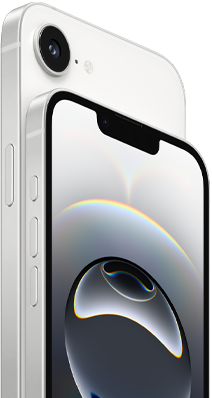 Widok z boku na iPhone’a 16e w kolorze białym, bok obudowy, przycisk czynności, przyciski głośności i aparat Fusion z tyłu