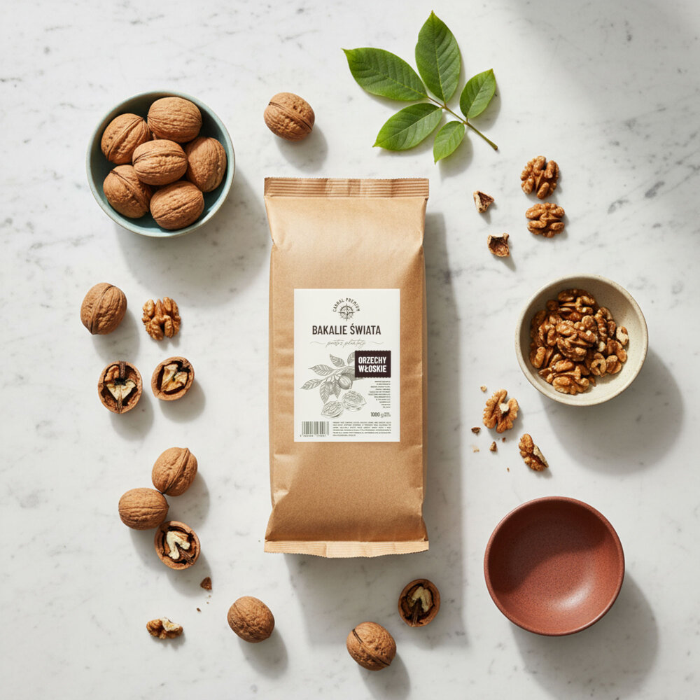 Orzechy włoskie CABRAL (1 kg) marmurowy blat opakowanie mieszanki leży na blacie wokół miseczki wypełnione orzechami włoskimi źródło wartości odżywczych zdrowa przekąska wsparcie w diecie