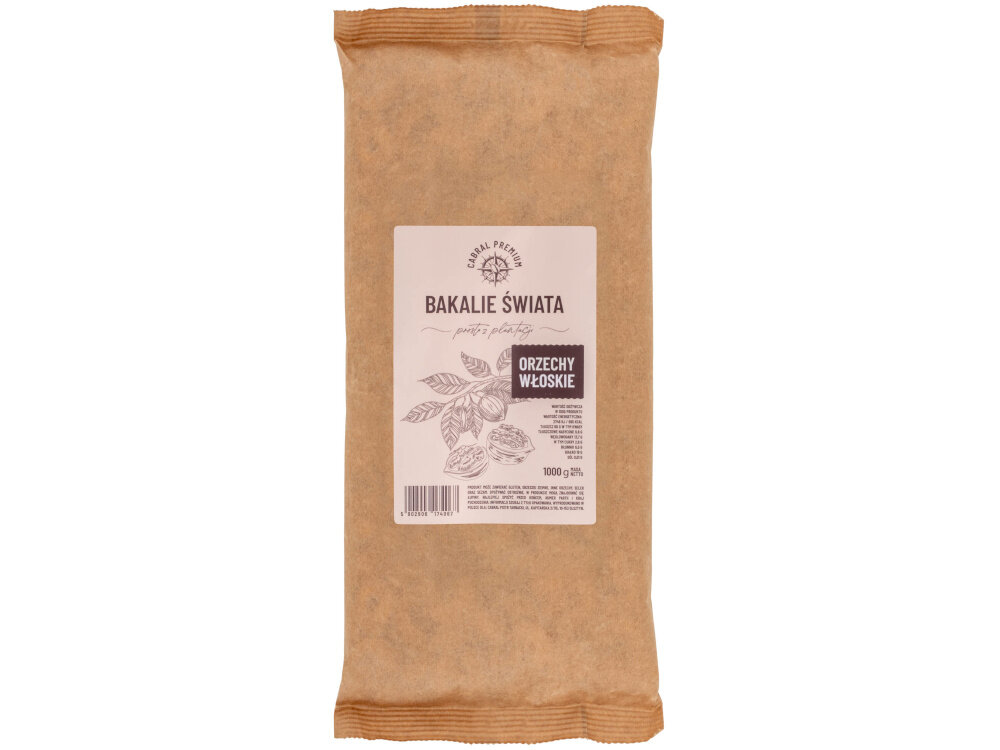 Orzechy włoskie CABRAL (1 kg) opakowanie na białym tle szybka wartościowa przekąska w pracy szkole podczas podróży energia na poziomie około 655 kcal w porcji 100 g naturalny delikatnie maślany smak obecność białka (16 g w 100 g) oraz błonnika (6,5 g w 100 g) sytość