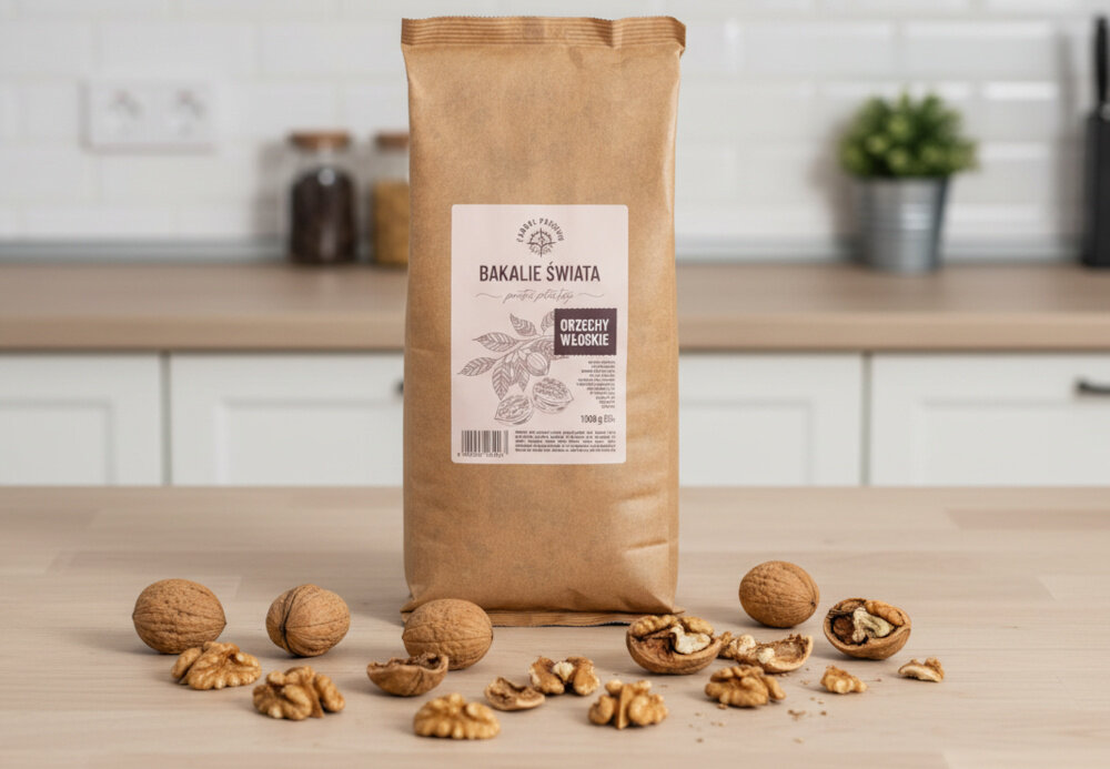 Orzechy włoskie CABRAL (1 kg) kuchnia drewniany blat na blacie stoi opakowanie orzechów włoskich wokół leżą orzechy włoskie w tle zabudowa kuchenna komponują się z owsianką jogurtem domową granolą pełny naturalny smak i przyjemna chrupkość w wypiekach i deserach dodają wyrazistości sałatkom makaronom deską serów delikatna maślana nuta