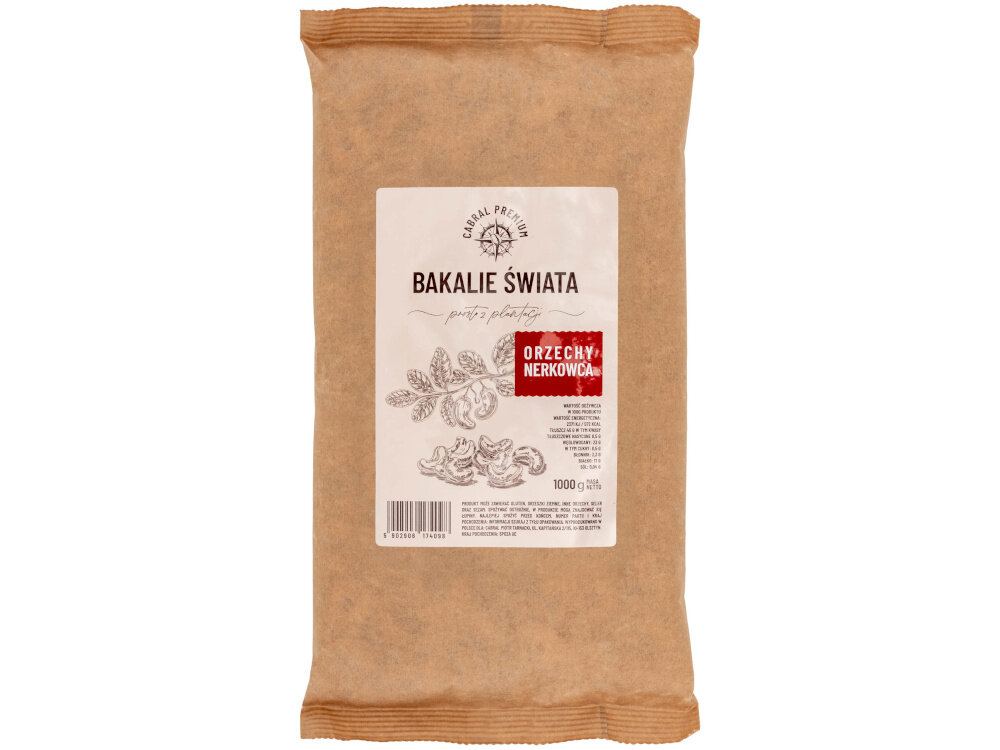 Orzechy nerkowca CABRAL (1 kg) opakowanie na białym tle szybka wartościowa przekąska w pracy szkole podczas podróży energia na poziomie około 572 kcal w porcji 100 g naturalny delikatnie maślany smak obecność białka (17 g w 100 g) oraz błonnika (3,3 g w 100 g) sytość