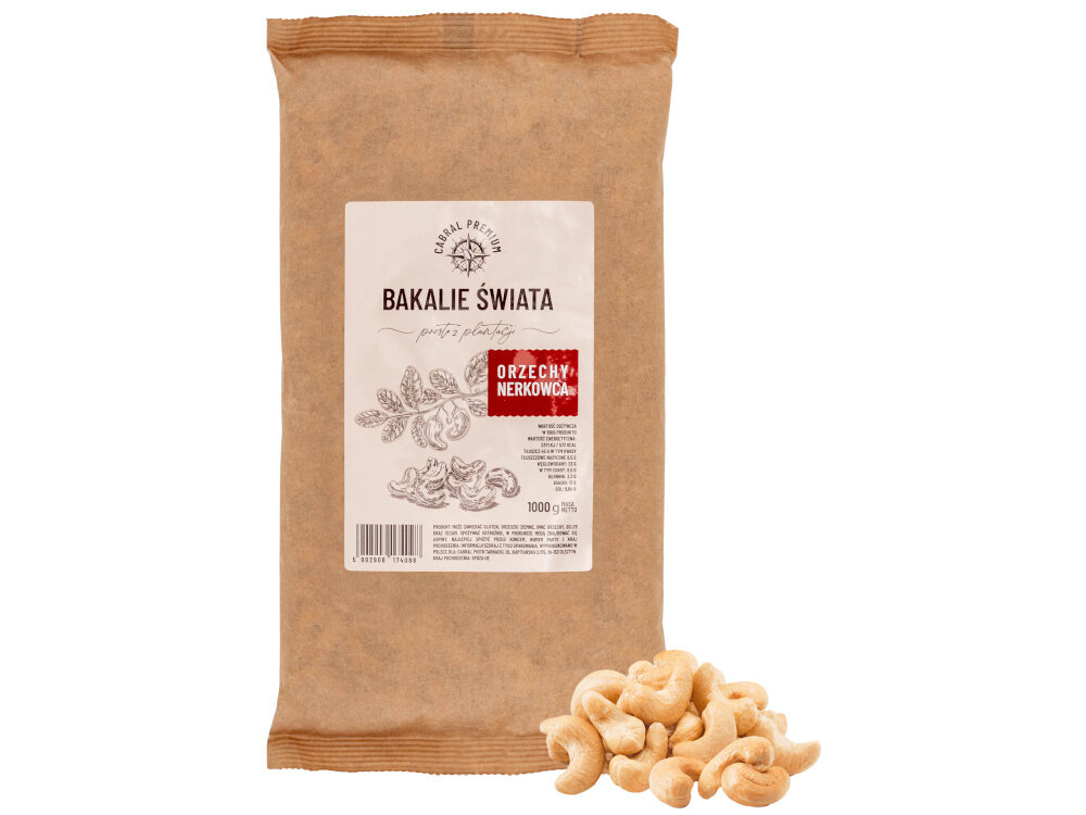 Orzechy nerkowca CABRAL (1 kg) opakowanie na białym tle obok leżą orzechy nerkowca jednonienasycone kwasy tłuszczowe wspierają prawidłowe funkcjonowanie układu sercowo-naczyniowego 8,5 g cukrów i 23 g węglowodanów w porcji 100 g 8,5 g kwasów tłuszczowych nasyconych zbilansowany sposób żywienia miedź wspomaga produkcję energii magnez sprzyja pracy mięśni i utrzymaniu zdrowych kości