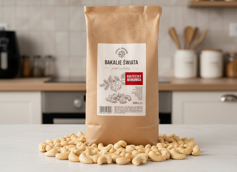 Orzechy nerkowca CABRAL (1 kg) kuchnia drewniany blat na blacie stoi opakowanie nerkowców wokół leżą orzechy nerkowca w tle zabudowa kuchenna całe duże i starannie wyselekcjonowane dodatek do potraw kuchni azjatyckiej wzbogacają sałatki i musli samodzielna chrupiąca przekąska kremowa konsystencja baza do przygotowania roślinnych zamienników śmietany serów deserów tworzenie zdrowszych i bardziej różnorodnych posiłków