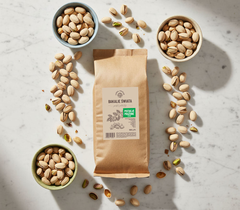 Pistacje prażone CABRAL (1 kg) marmurowy blat opakowanie mieszanki leży na blacie wokół miseczki wypełnione pistacjami źródło wartości odżywczych zdrowa przekąska wsparcie w diecie