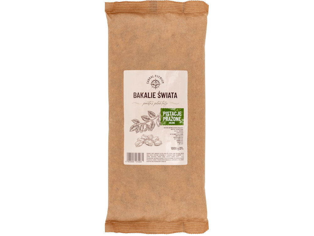 Pistacje prażone CABRAL (1 kg) opakowanie na białym tle szybka wartościowa przekąska w pracy szkole podczas podróży energia na poziomie około 613 kcal w porcji 100 g naturalny delikatnie maślany smak obecność białka (21 g w 100 g) błonnika (6,1 g w 100 g) tłuszcze (49 g) sól (1,5 g) w 100 g sytość