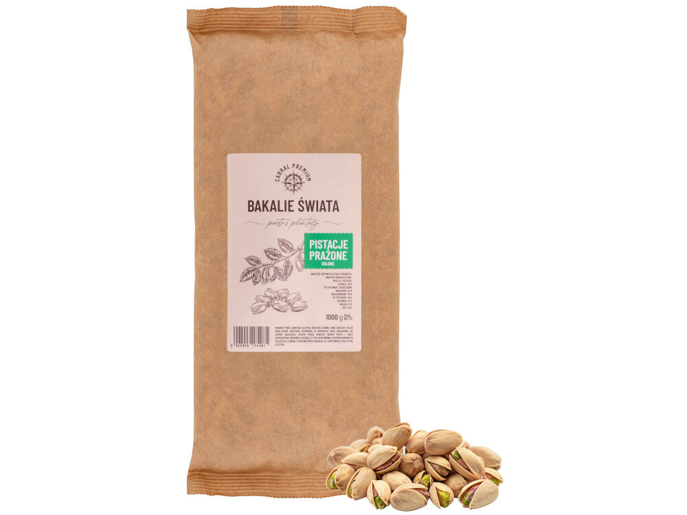 Pistacje prażone CABRAL (1 kg)opakowanie na białym tle obok leżą pistacje cenne źródło białka błonnika zdrowych tłuszczów nienasyconych wspierają utrzymanie prawidłowego poziomu cholesterolu i sprzyjają zdrowiu serca antyoksydanty witaminę B6 potas wspierają układ odpornościowy i nerwowy w porcji 100 g zawierają 19 g węglowodanów w tym 16 g naturalnych cukrów kwasy tłuszczowe nasycone (6,1 g) wspierają prawidłowe funkcjonowanie organizmu