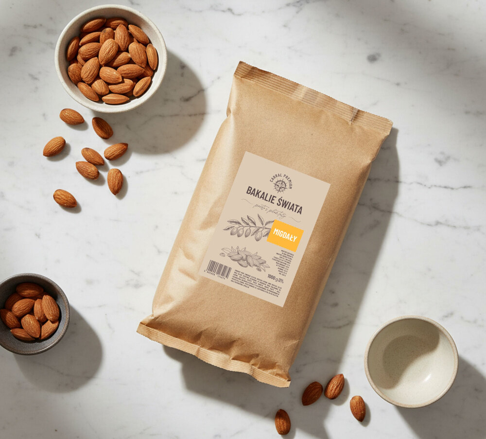 Migdały CABRAL (1 kg) marmurowy blat opakowanie mieszanki leży na blacie wokół miseczki wypełnione migdałami źródło wartości odżywczych zdrowa przekąska