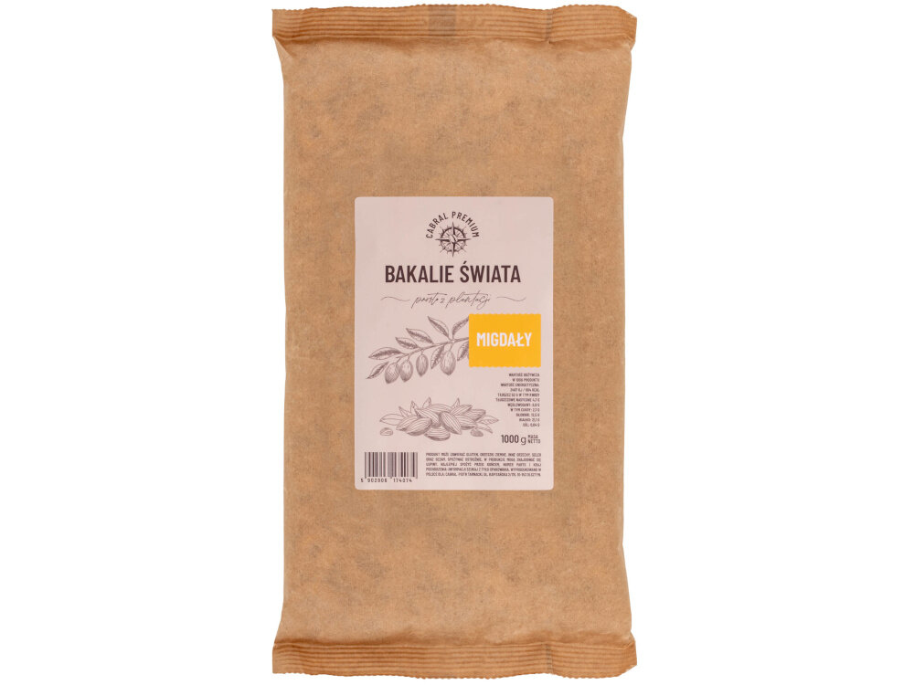 Migdały CABRAL (1 kg) opakowanie na białym tle szybka i pożywna przekąska w pracy szkole w podróży wysoka wartość energetyczna około 604 kcal w porcji 100 g energia na dłużej wysoka zawartość białka (21,1 g) i błonnika (12,5 g) sytość codzienna kontrola apetytu