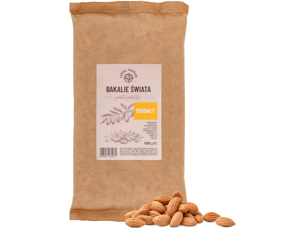 Migdały CABRAL (1 kg) opakowanie na białym tle obok leżą migdały naturalne źródło witaminy E chroni komórki przed stresem oksydacyjnym i wspiera zdrowy wygląd skóry magnez wpływa na pracę mięśni i układu nerwowego niska zawartość cukru na poziomie 2,7 g 6,9 g węglowodany kontrola diety 4,7 g nasyconych kwasów tłuszczowych starannie wyselekcjonowane sztuki z maksymalnie 5% uszkodzeń wysoka jakość duża satysfakcja