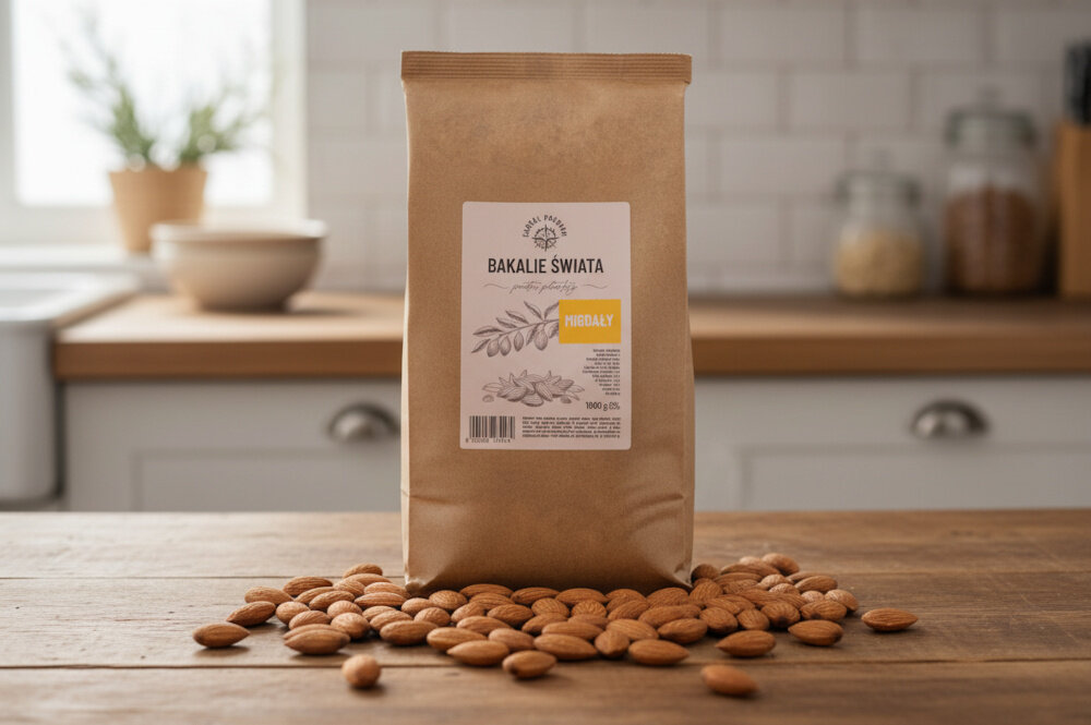 Migdały CABRAL (1 kg) kuchnia drewniany blat na blacie stoi opakowanie migdałów wokół leżą migdały w tle zabudowa kuchenna dodatek do owsianek jogurtów sałatek domowych wypieków baza do przygotowania mleka roślinnego marcepanu masła migdałowego tworzenie zdrowszych zamienników