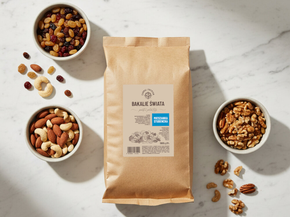 Mieszanka studencka CABRAL (1 kg) marmurowy blat opakowanie mieszanki leży na blacie wokół miseczki wypełnione orzechami i rodzynkami naturalna energia wsparcie aktywność zdrowie