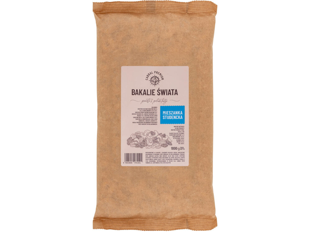 Mieszanka studencka CABRAL (1 kg) opakowanie na białym tle zbilansowane połączenie orzechów i owoców suszonych wysoka wartość energetyczna około 515 kcal w porcji 100 g szybko uzupełnia energię białko i błonnik wspierają długie uczucie sytości