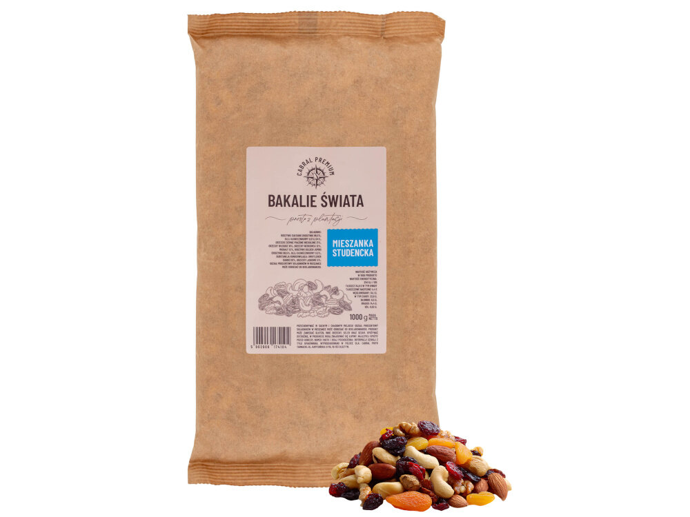 Mieszanka studencka CABRAL (1 kg) opakowanie na białym tle obok leżą orzechy i rodzynki orzechy obecne w mieszance dostarczają zdrowych kwasów tłuszczowych omega-3 sprzyjają pracy mózgu poprawiają koncentrację magnez inne minerały wspierają prawidłowe funkcjonowanie układu nerwowego różne rodzaje orzechów włoskie laskowe nerkowca migdały ziemne