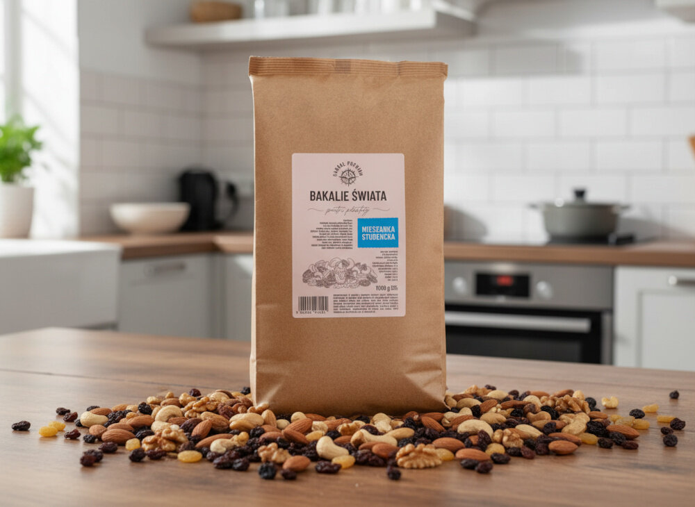 Mieszanka studencka CABRAL (1 kg) kuchnia drewniany blat na blacie stoi opakowanie mieszanki wokół leżą orzechy i rodzynki w tle zabudowa kuchenna witaminy potas i błonnik dobra kondycja organizmu rodzynki Golden Jumbo i sułtanki naturalna słodycz bez dodatku cukru wspiera układ trawienny i odpornościowy wzbogaca owsianki jogurty domowe wypieki