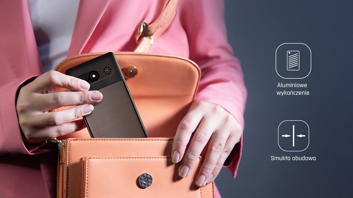 Kobieta w różowej marynarce wkłada telefon myPhone 7340 LTE do torebki; po prawej ikony: aluminiowe wykończenie, smukła obudowa.