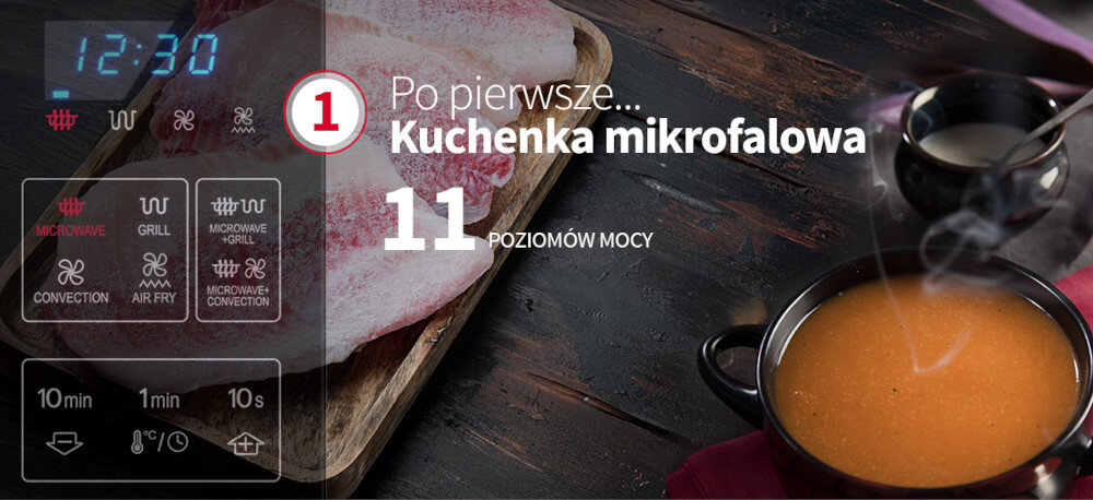 KUCHNIA MIKROFALOWA Z AIRFRY SHARP YC-MA262AE-B Zdjęcie przedstawia zbliżenie na cyfrowy panel sterowania kuchenki mikrofalowej z podświetlonym wyświetlaczem 12:30 oraz ikonami trybów pracy, na tle deski z zamrożonym mięsem. Zdjęcie przedstawia także miskę z gorącą zupą i kubek z napojem po prawej stronie oraz biało-czerwony napis „Po pierwsze… Kuchenka mikrofalowa – 11 poziomów mocy” na środku mikrofala 900 w 11 poziomów mocy programy automatyczne rozmrażanie czas waga szybkie podgrzewanie równomierne nagrzewanie oszczędność czasu wygoda użytkowania